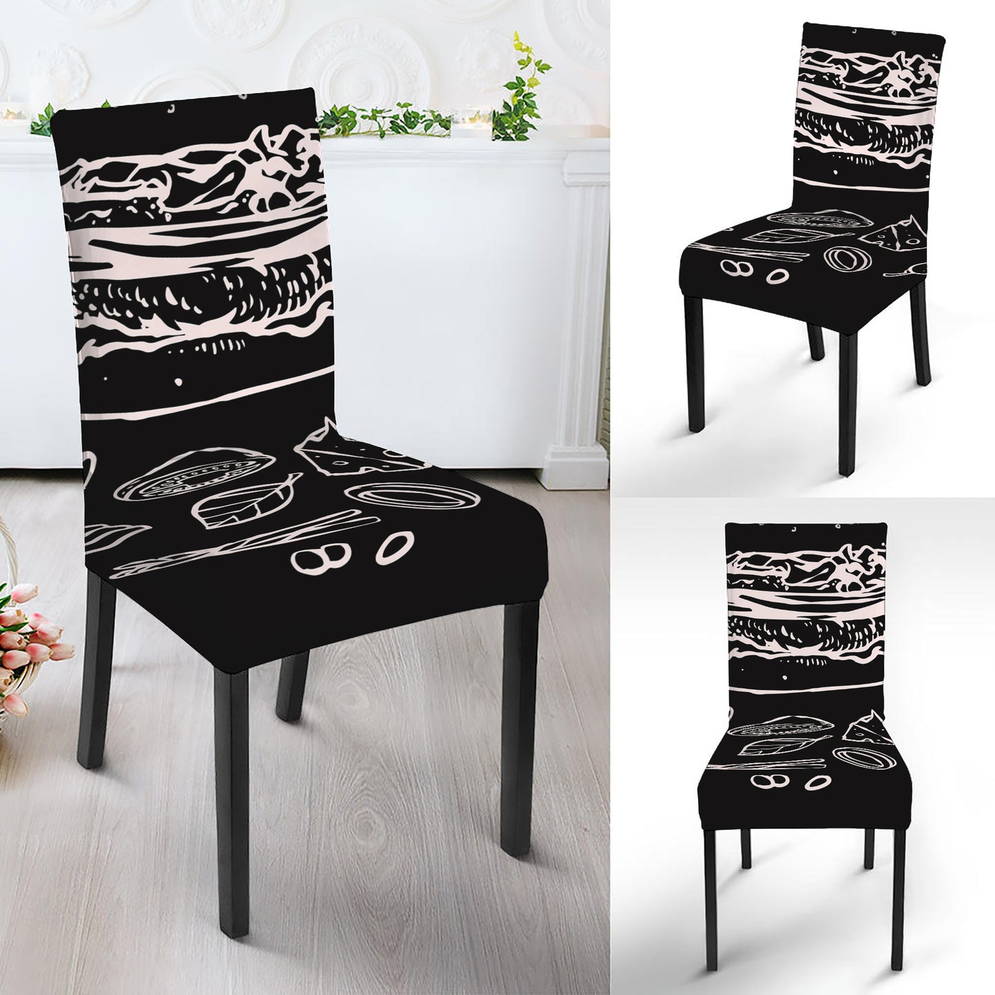 Black And White Hamburger Print Dining Chair Slipcover