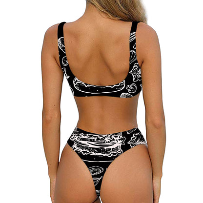 Black And White Hamburger Print Front Bow Tie Bikini