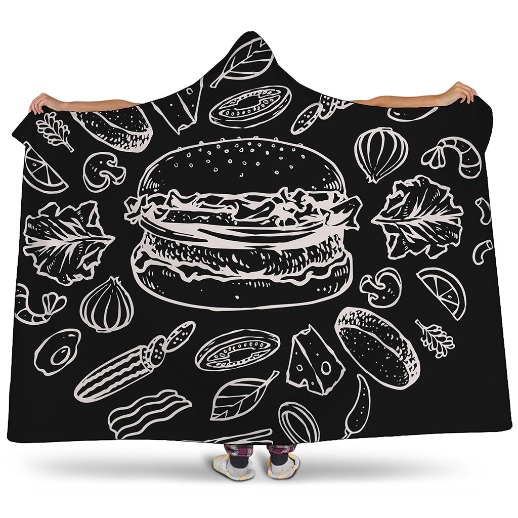 Black And White Hamburger Print Hooded Blanket