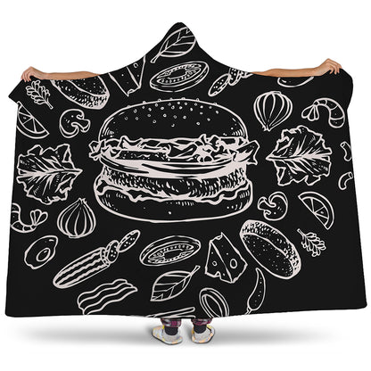 Black And White Hamburger Print Hooded Blanket