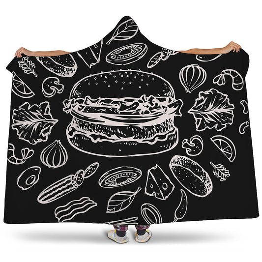 Black And White Hamburger Print Hooded Blanket