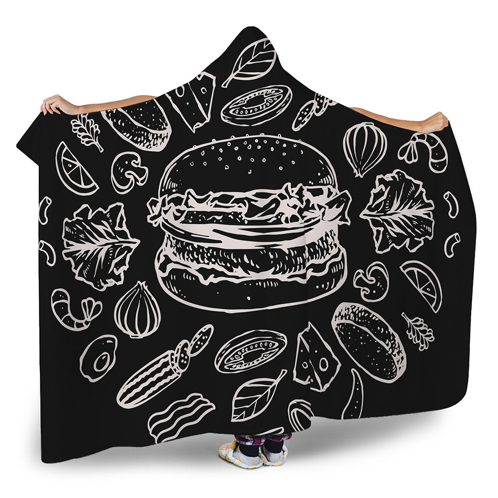 Black And White Hamburger Print Hooded Blanket