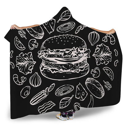 Black And White Hamburger Print Hooded Blanket