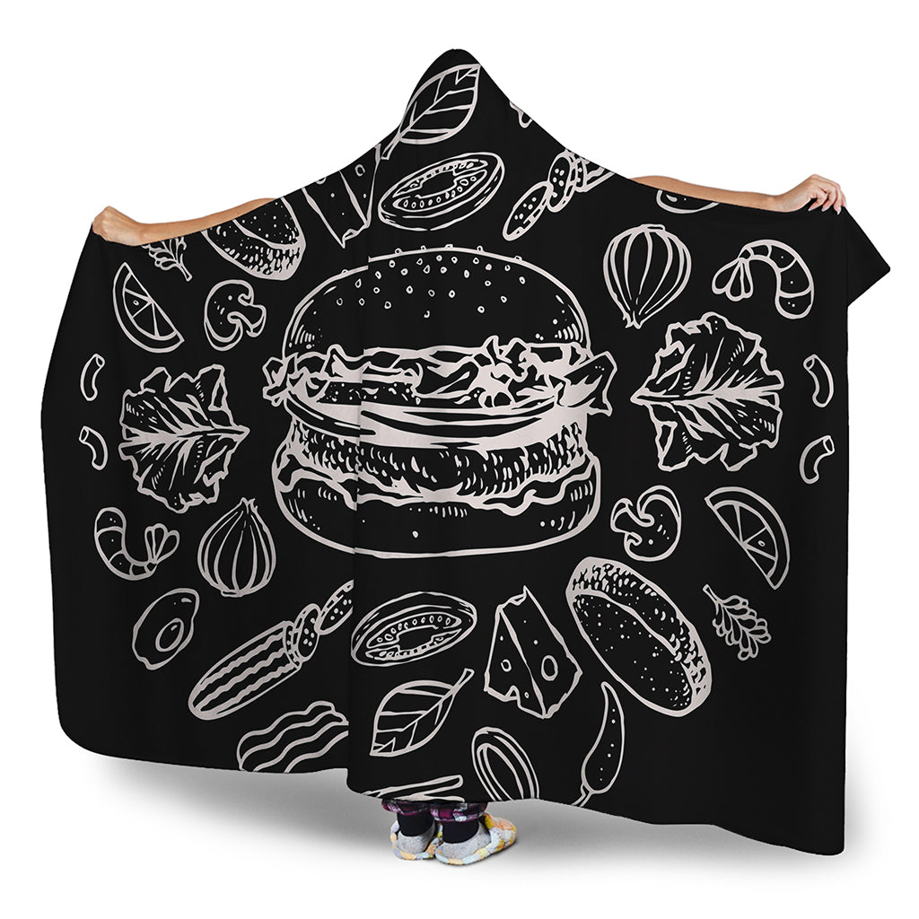 Black And White Hamburger Print Hooded Blanket