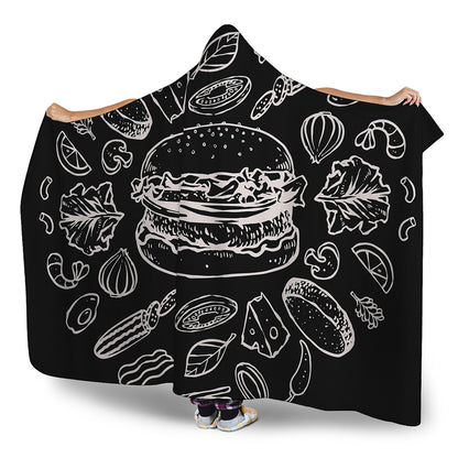 Black And White Hamburger Print Hooded Blanket