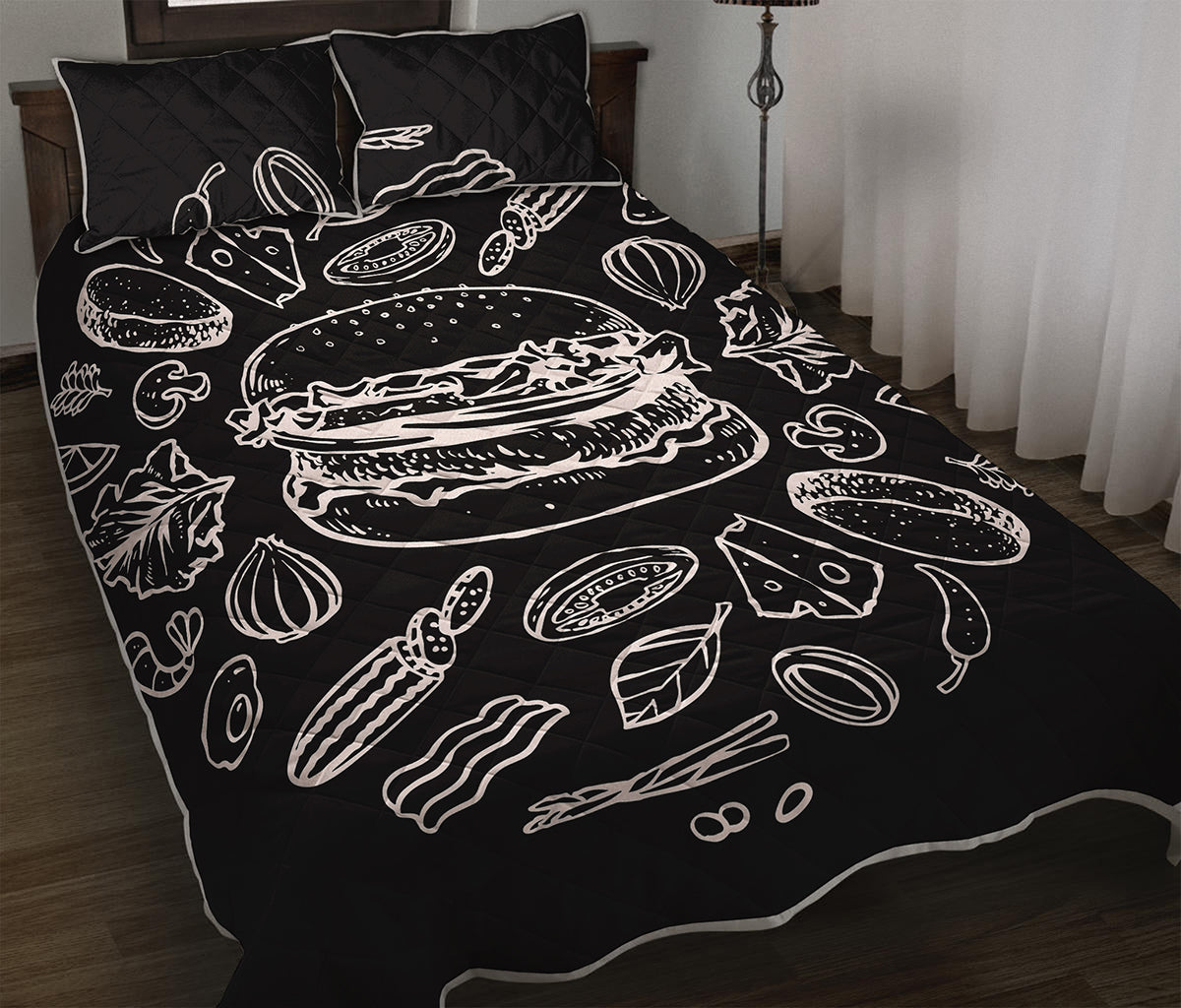 Black And White Hamburger Print Quilt Bed Set