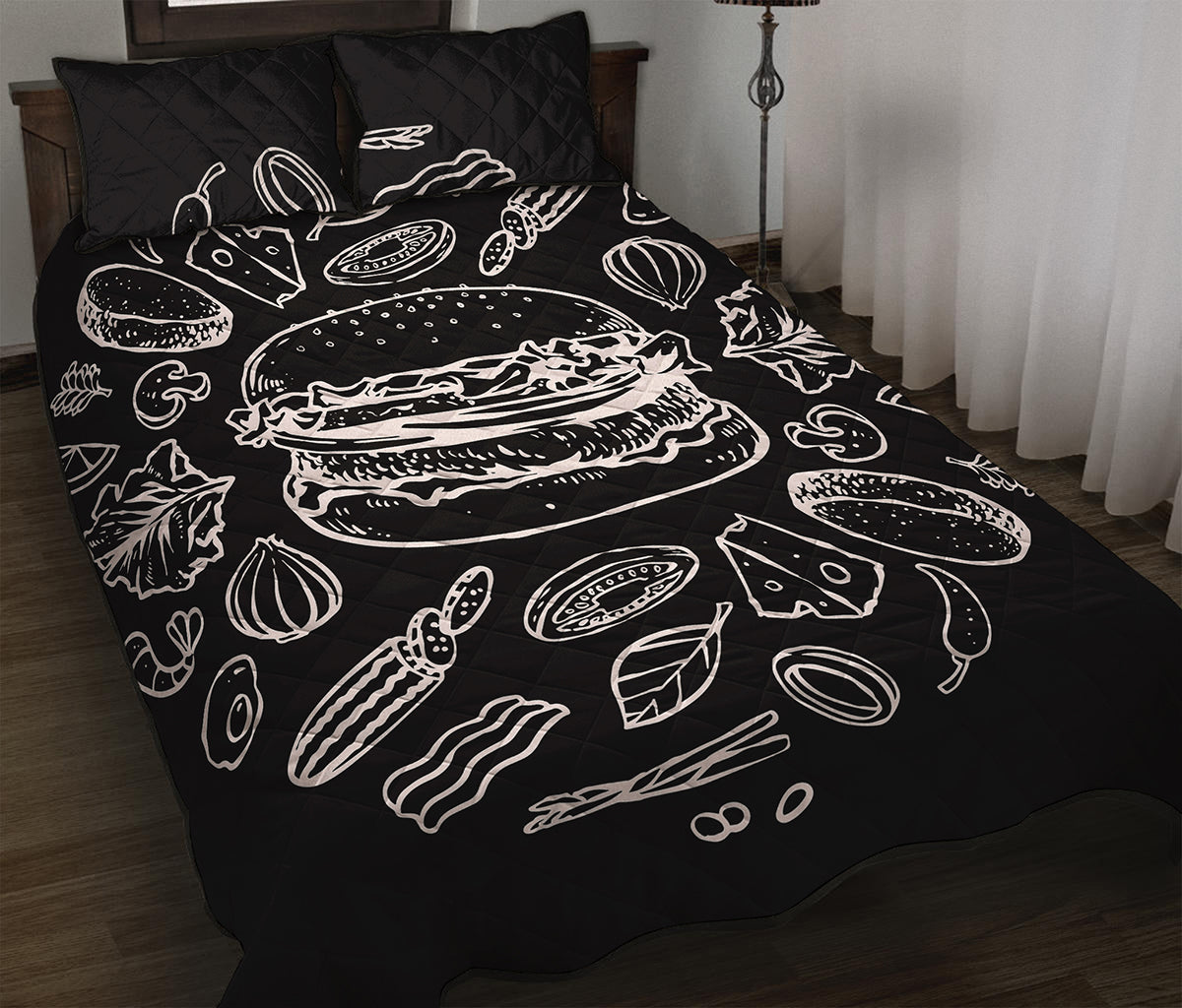 Black And White Hamburger Print Quilt Bed Set