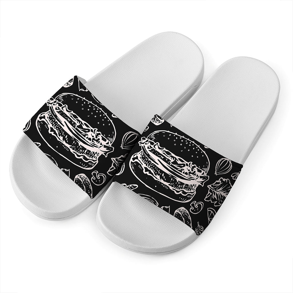 Black And White Hamburger Print White Slide Sandals