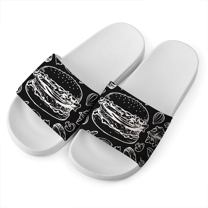 Black And White Hamburger Print White Slide Sandals