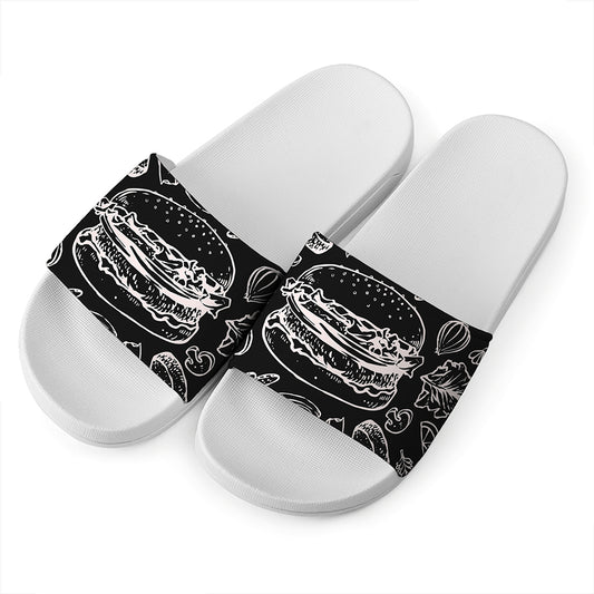 Black And White Hamburger Print White Slide Sandals