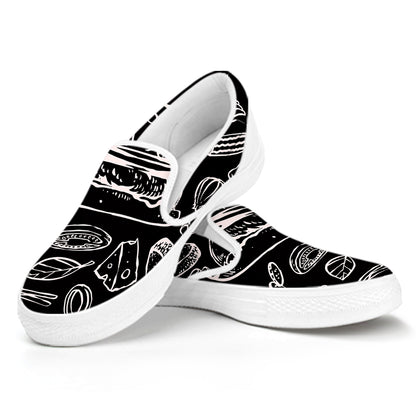 Black And White Hamburger Print White Slip On Shoes