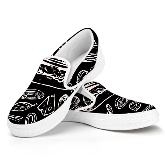 Black And White Hamburger Print White Slip On Shoes