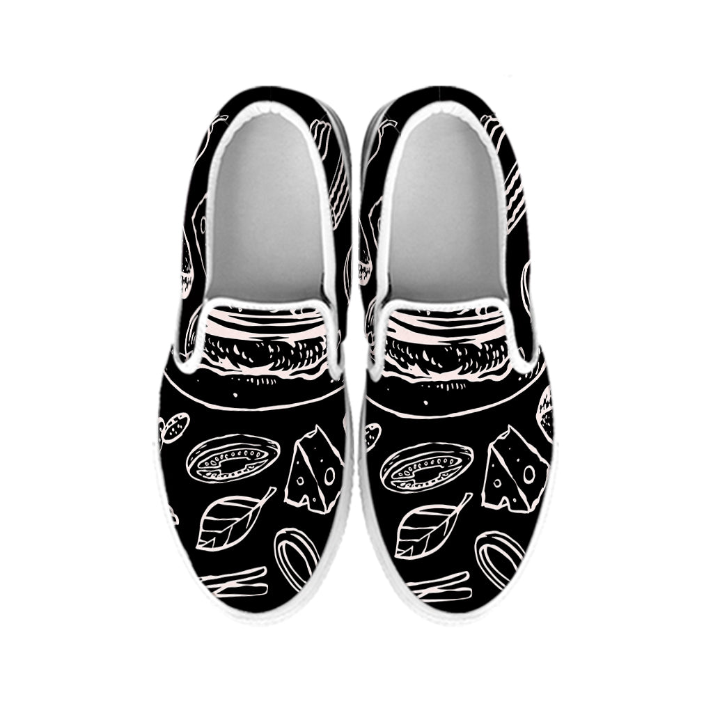 Black And White Hamburger Print White Slip On Shoes