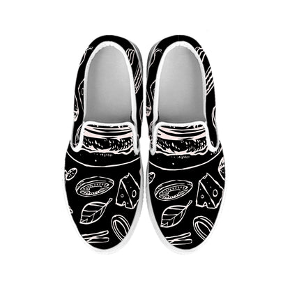Black And White Hamburger Print White Slip On Shoes