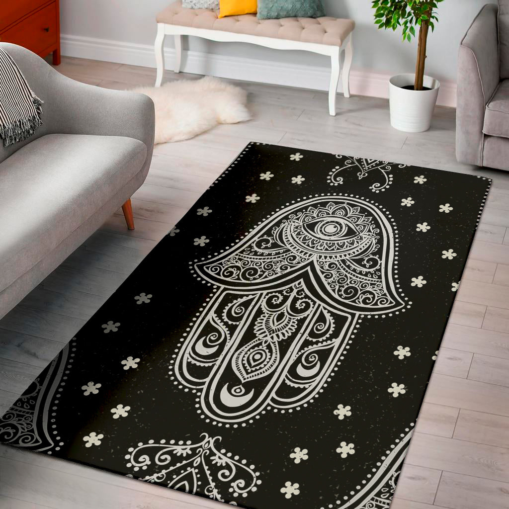 Black And White Hamsa Print Area Rug