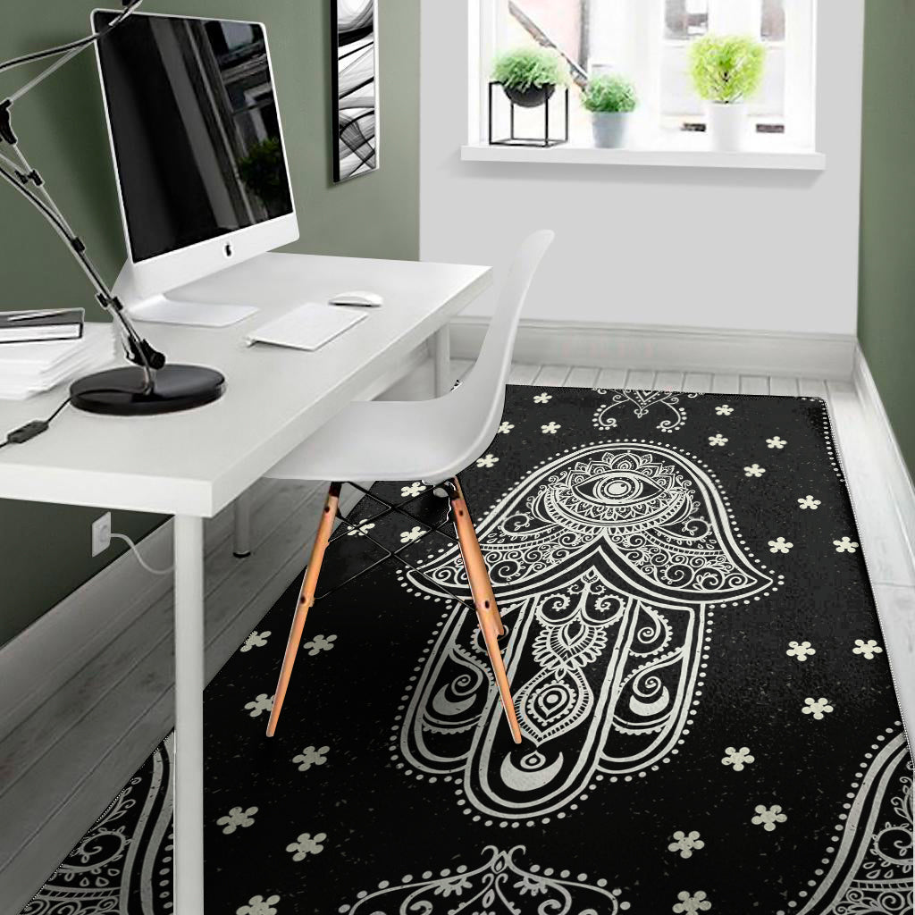 Black And White Hamsa Print Area Rug