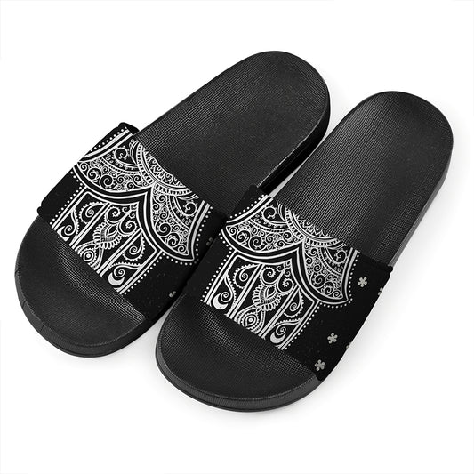 Black And White Hamsa Print Black Slide Sandals