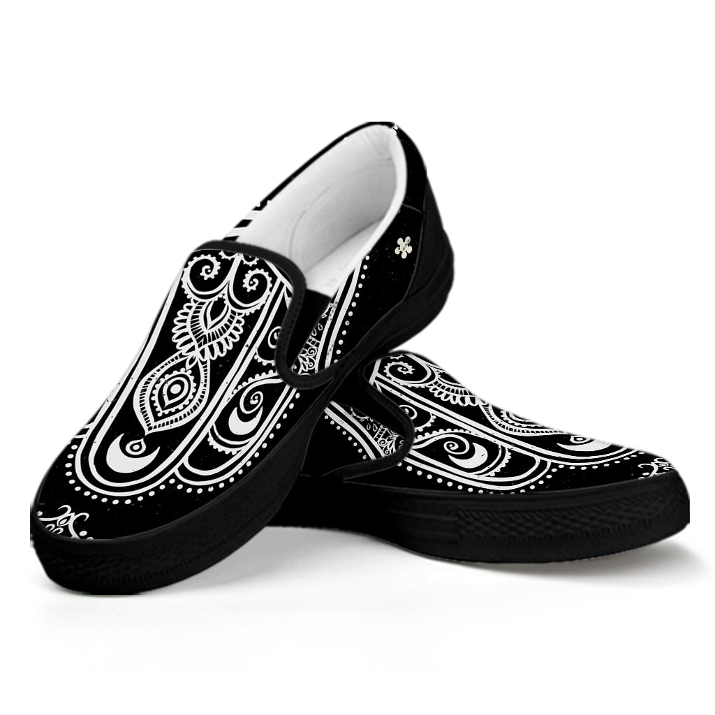 Black And White Hamsa Print Black Slip On Shoes
