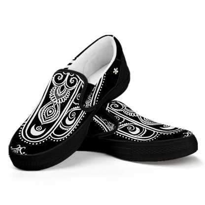 Black And White Hamsa Print Black Slip On Shoes