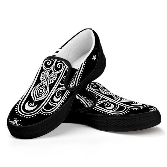 Black And White Hamsa Print Black Slip On Shoes