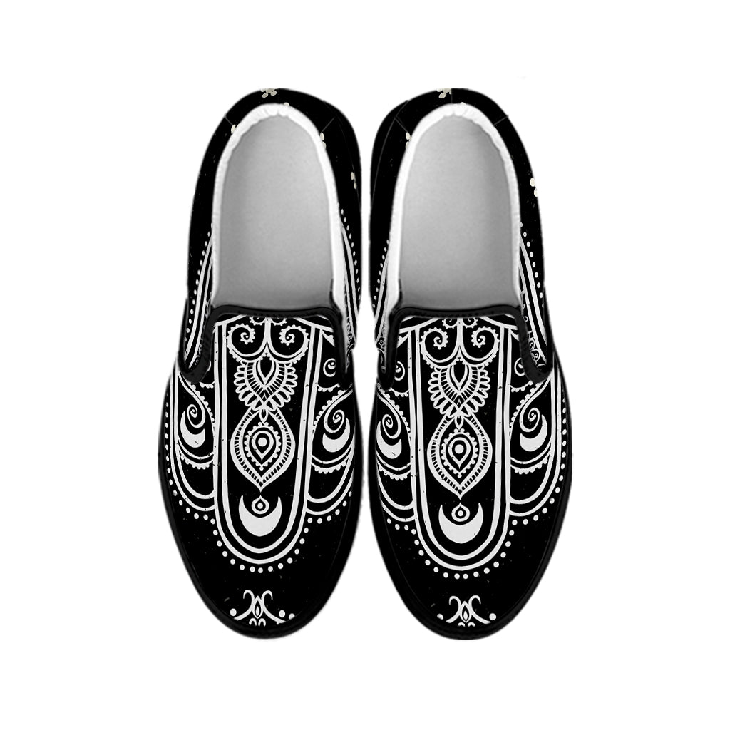 Black And White Hamsa Print Black Slip On Shoes