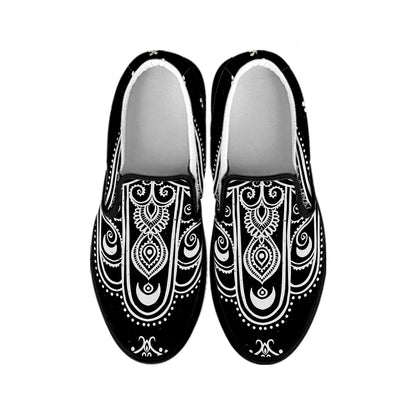 Black And White Hamsa Print Black Slip On Shoes