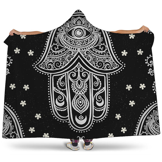 Black And White Hamsa Print Hooded Blanket