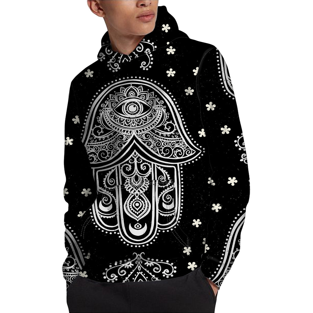 Black And White Hamsa Print Pullover Hoodie