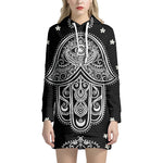 Black And White Hamsa Print Pullover Hoodie Dress