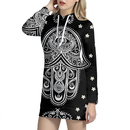 Black And White Hamsa Print Pullover Hoodie Dress