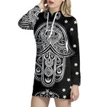 Black And White Hamsa Print Pullover Hoodie Dress