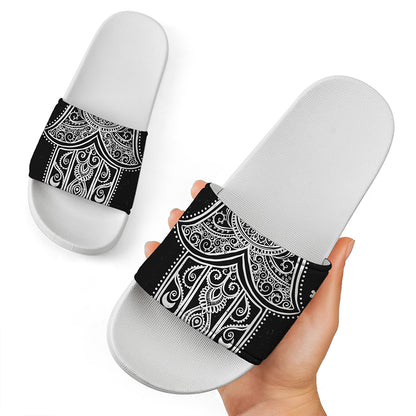 Black And White Hamsa Print White Slide Sandals