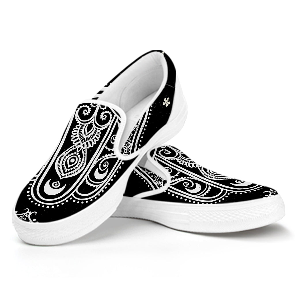 Black And White Hamsa Print White Slip On Shoes