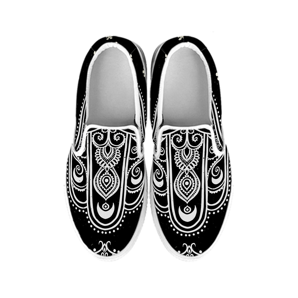 Black And White Hamsa Print White Slip On Shoes