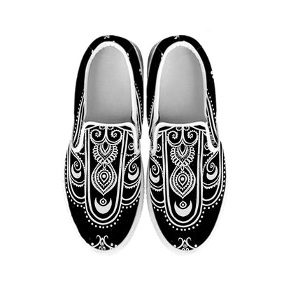 Black And White Hamsa Print White Slip On Shoes