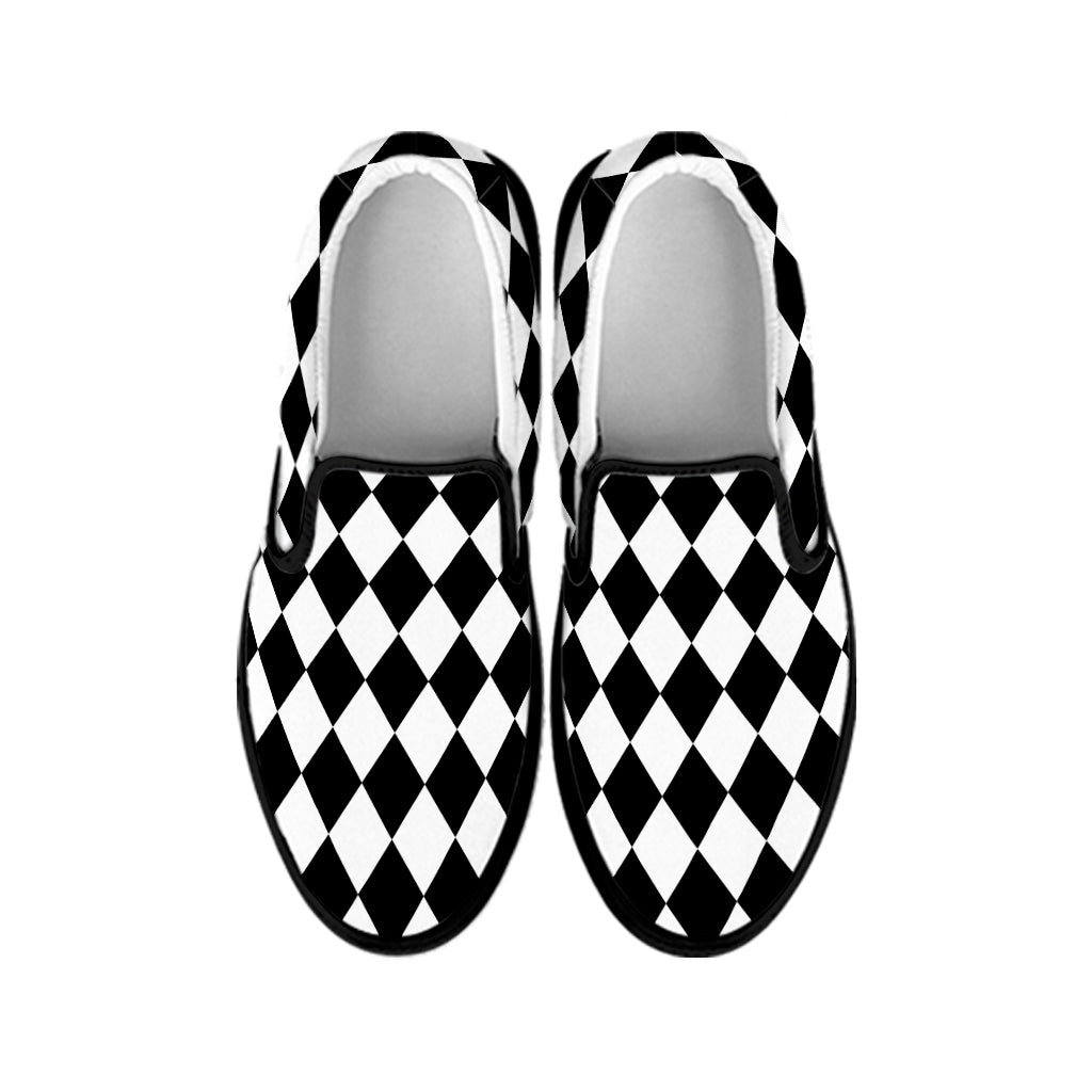 Black And White Harlequin Pattern Print Black Slip On Shoes