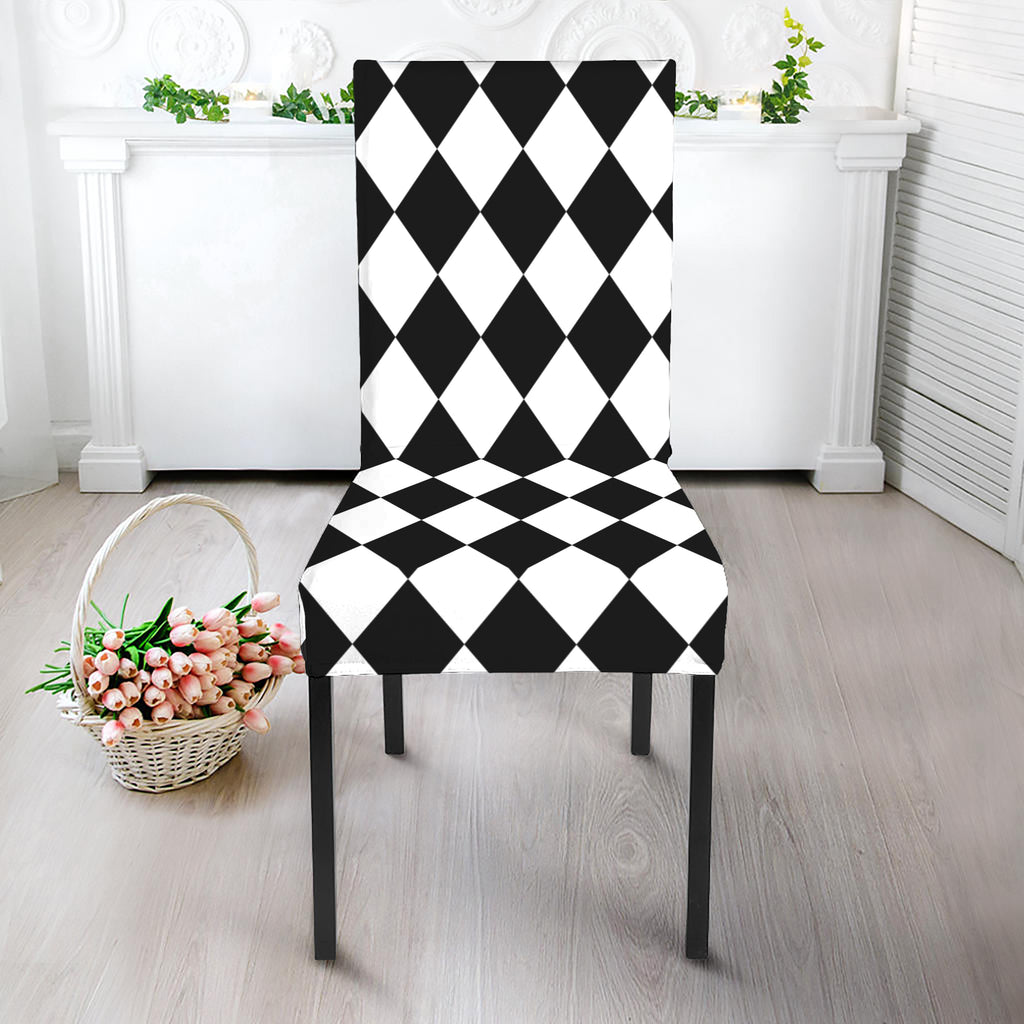 Black And White Harlequin Pattern Print Dining Chair Slipcover