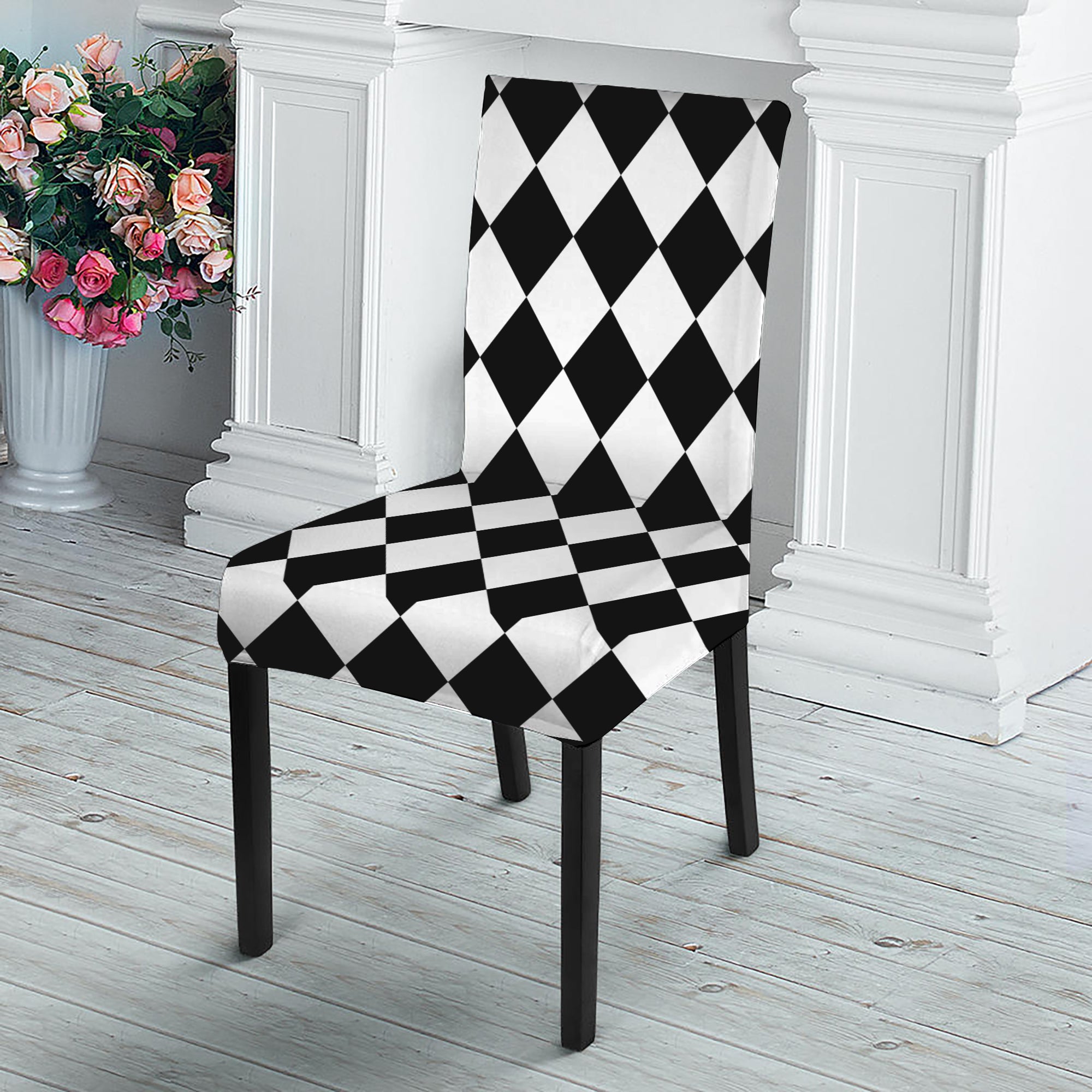 Black And White Harlequin Pattern Print Dining Chair Slipcover