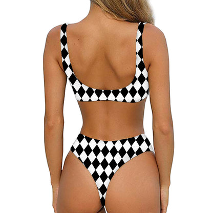 Black And White Harlequin Pattern Print Front Bow Tie Bikini