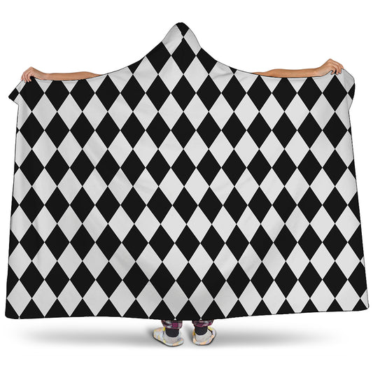 Black And White Harlequin Pattern Print Hooded Blanket