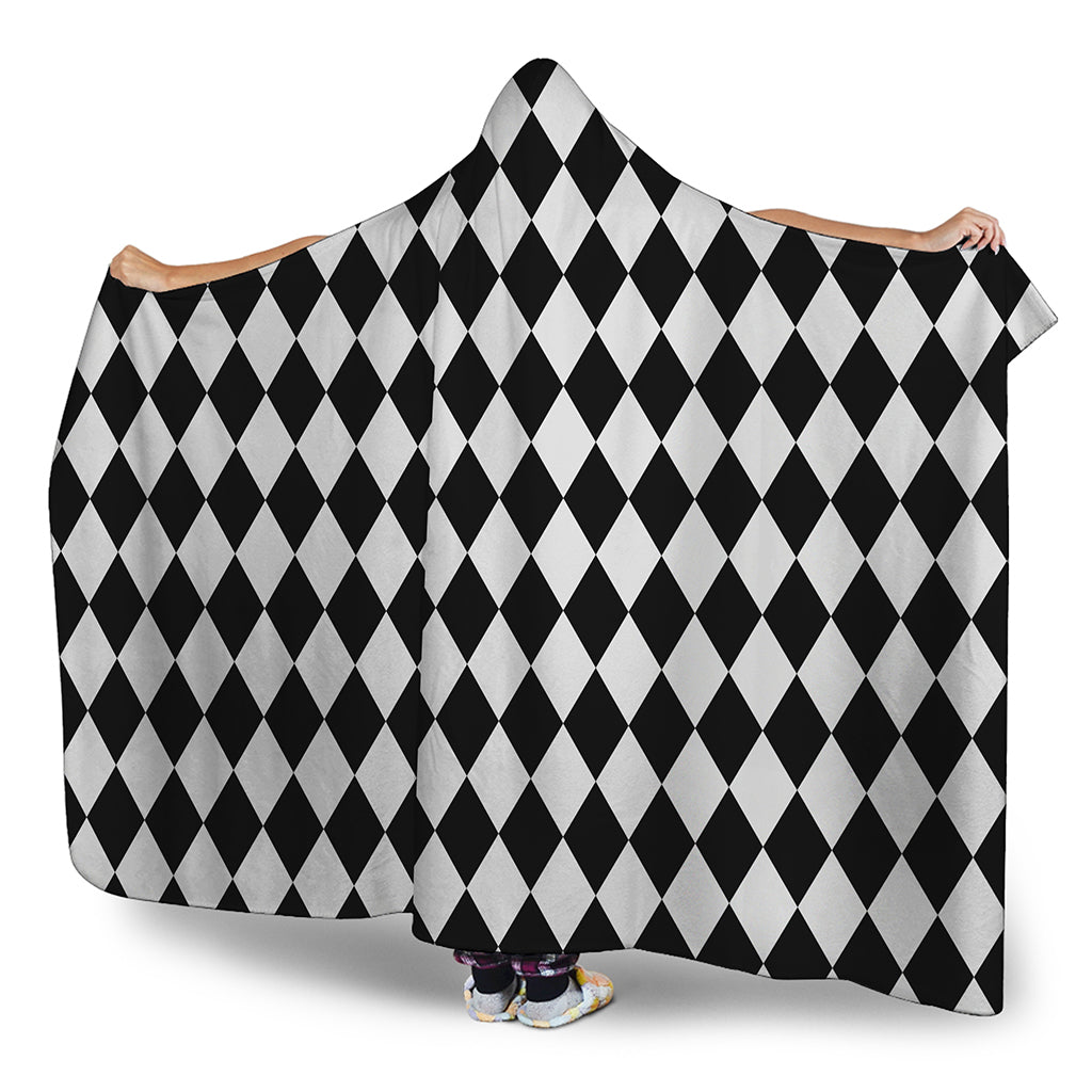 Black And White Harlequin Pattern Print Hooded Blanket