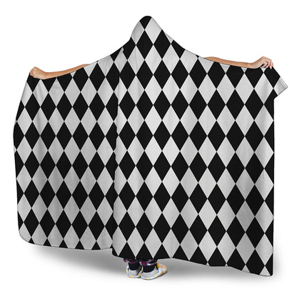 Black And White Harlequin Pattern Print Hooded Blanket