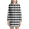 Black And White Harlequin Pattern Print Pullover Hoodie Dress