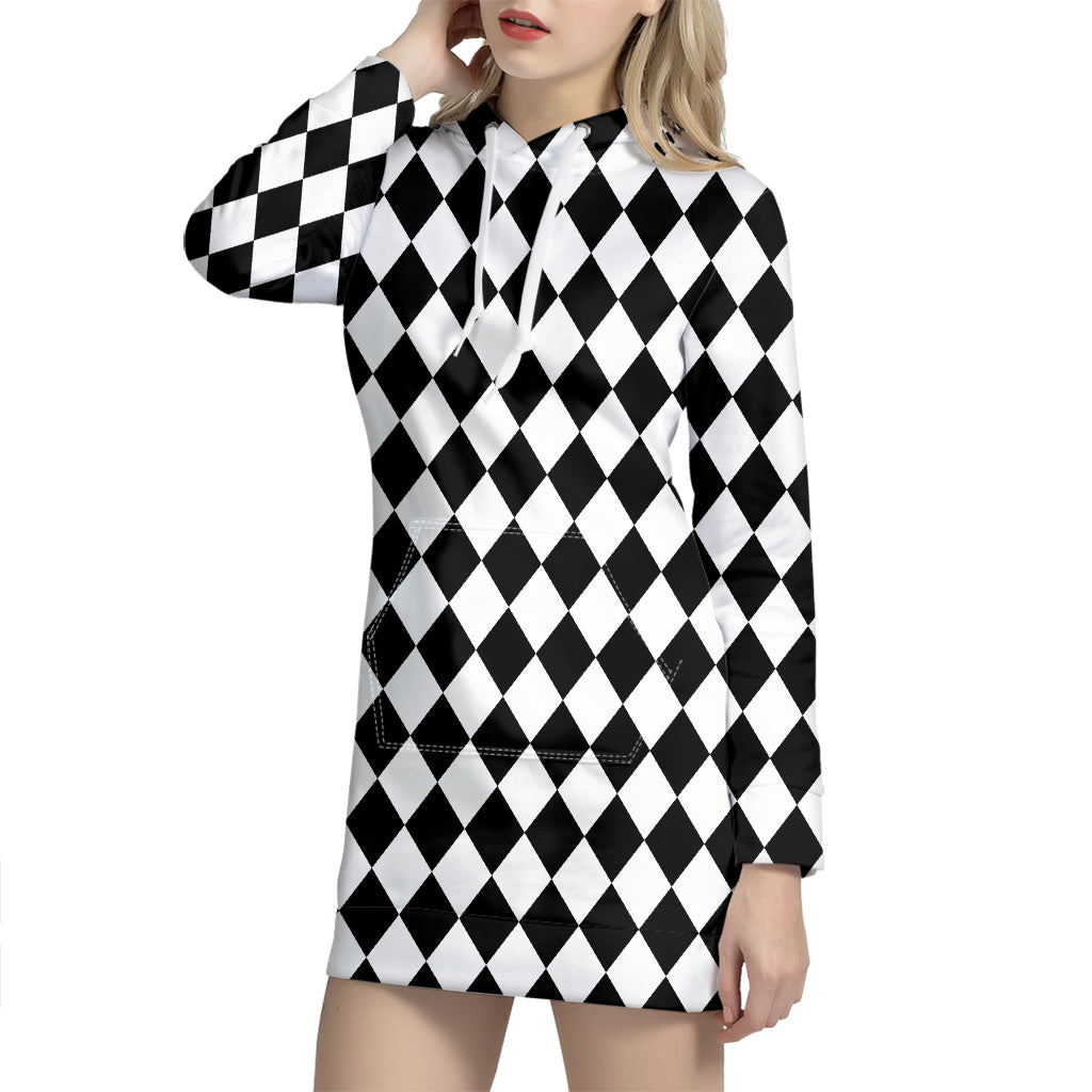 Black And White Harlequin Pattern Print Hoodie Dress