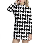 Black And White Harlequin Pattern Print Hoodie Dress