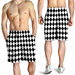 Black And White Harlequin Pattern Print Men's Shorts