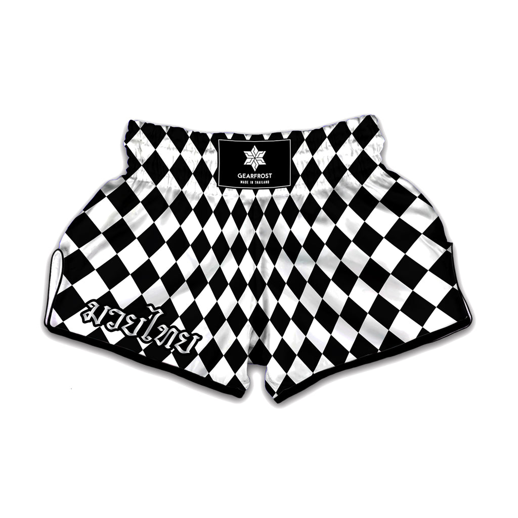 Black And White Harlequin Pattern Print Muay Thai Boxing Shorts