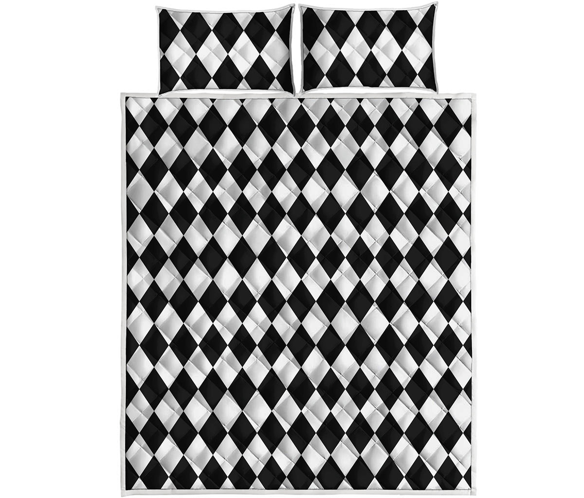 Black And White Harlequin Pattern Print Quilt Bed Set