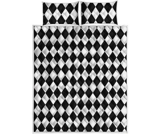 Black And White Harlequin Pattern Print Quilt Bed Set
