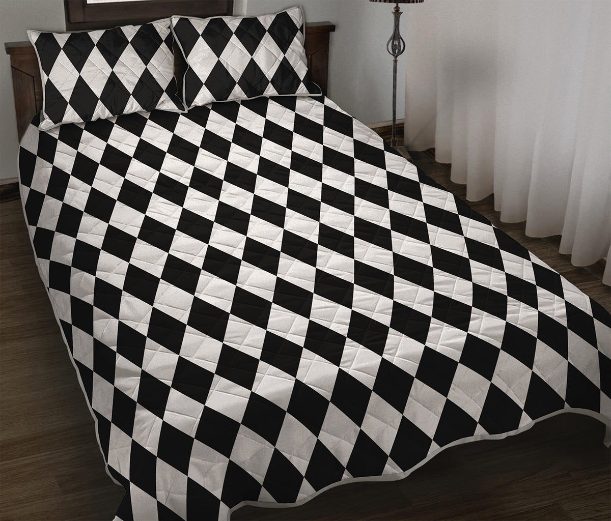 Black And White Harlequin Pattern Print Quilt Bed Set